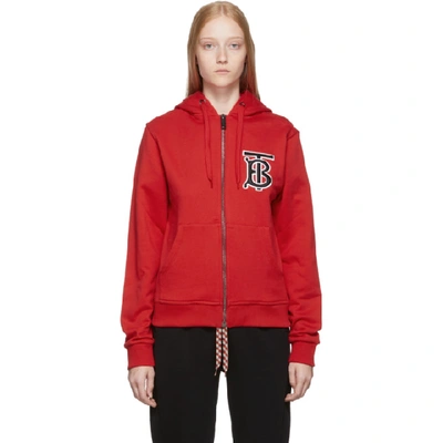 Shop Burberry Red Monogram Oversized Aubree Hoodie In Bright Red