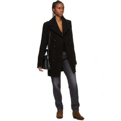 SAINT LAURENT 黑色羊毛毡经典款双排扣大衣