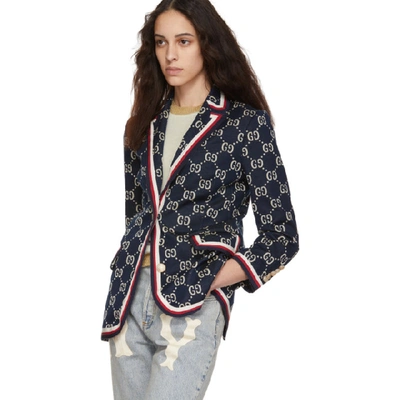 Shop Gucci Blue Gg Jacquard Blazer In 4333 Blue