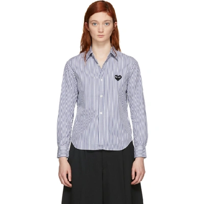 Shop Comme Des Garçons Play Blue & White Striped Heart Patch Shirt In 1 Blue