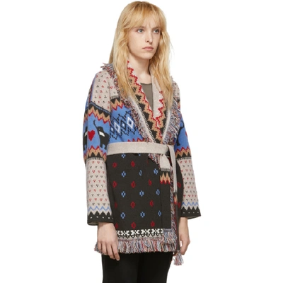 Shop Alanui Multicolor Elephant Fair Isle Belted Cardigan In Blue