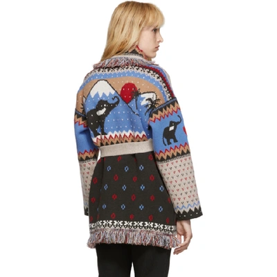 Shop Alanui Multicolor Elephant Fair Isle Belted Cardigan In Blue