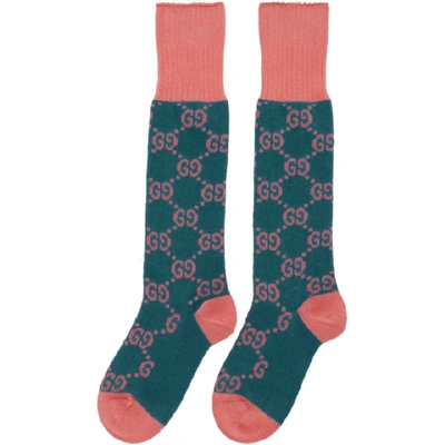 Shop Gucci Pink & Blue Gg Supreme Long Socks In 4472 Petrol