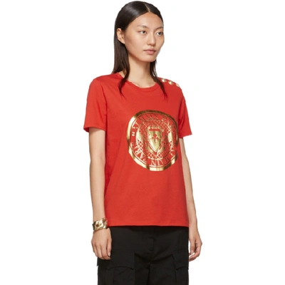 Shop Balmain Red Medallion T-shirt