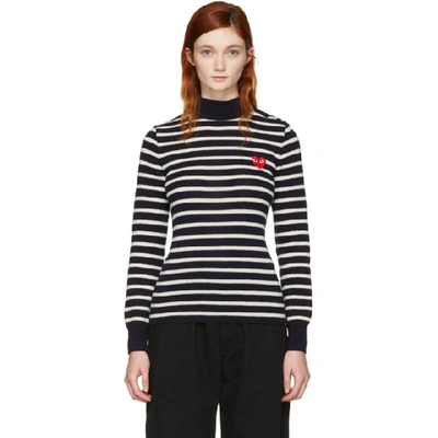 Shop Comme Des Garçons Play Comme Des Garcons Play Navy Striped Heart Patch Turtleneck In 1 Navy/natural
