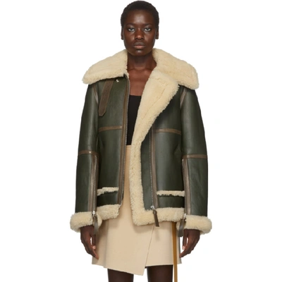 Raf Long Leather-trimmed Shearling Jacket In Army Green