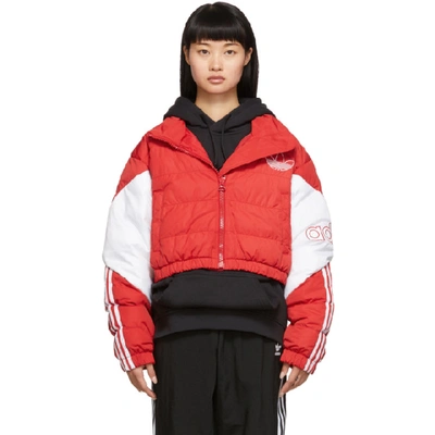 Shop Adidas Originals Red Cropped Down Jacket In Scarlet/whi