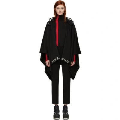 Shop Moncler Black Hooded Logo Trim Poncho In 999 Black