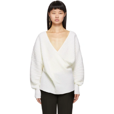 Shop Victoria Victoria Beckham White Drape Front V-neck Sweater In Ivory