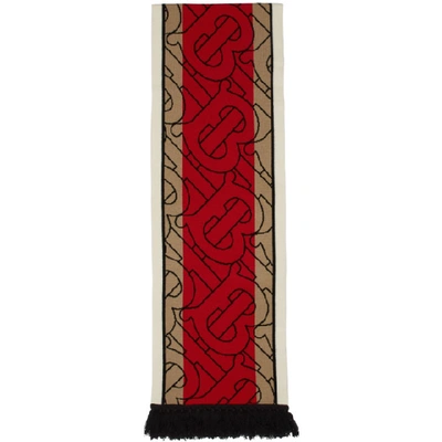 BURBERRY 驼色 AND 红色花押字条纹羊绒围巾