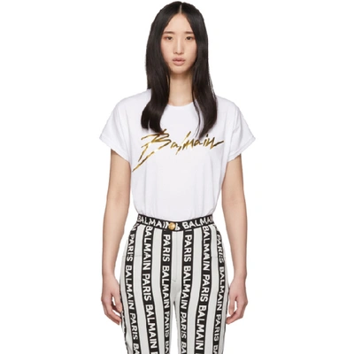 Shop Balmain White And Gold Logo T-shirt In Gad Blc/or