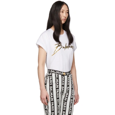 Shop Balmain White And Gold Logo T-shirt In Gad Blc/or