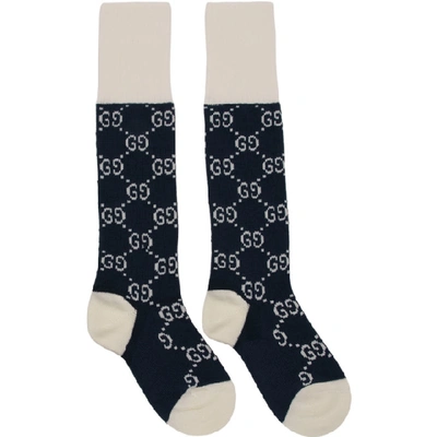 Shop Gucci Navy And White Gg Supreme Long Socks In 4078 Blue