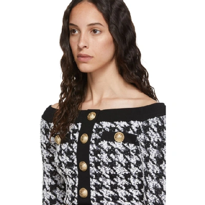 Shop Balmain Black And White Off-the-shoulder Cardigan In Eab Blk/wht