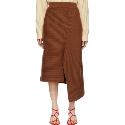 Shop Tibi Brown Merino Rib Origami Slit Skirt In Camel