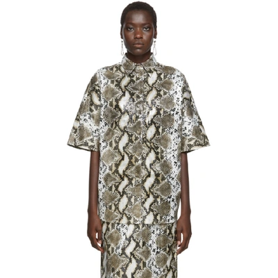 Pushbutton Snake-effect Faux Leather Shirt In Beige