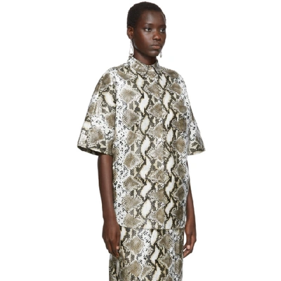 Pushbutton Snake-effect Faux Leather Shirt In Beige