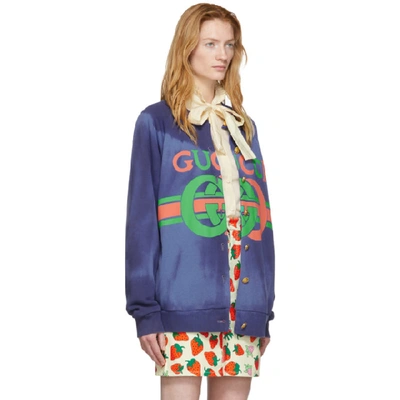 Shop Gucci Reversible Blue Logo Cardigan In 4804 Blue