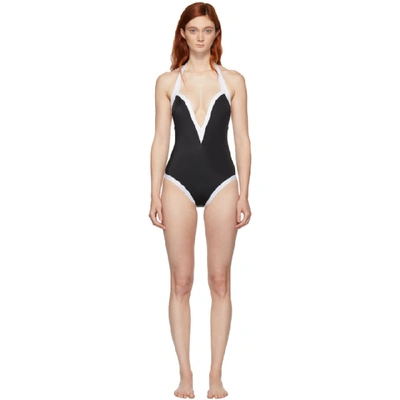 Shop Balmain Black And White Low-necked One-piece Swimsuit In 201 Blk/wht