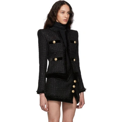 Shop Balmain Black Tweed & Velvet Collarless Fringed Jacket