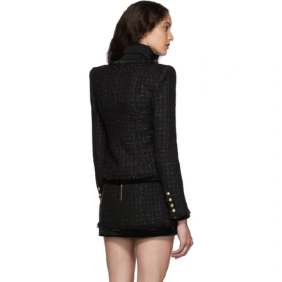 Shop Balmain Black Tweed & Velvet Collarless Fringed Jacket