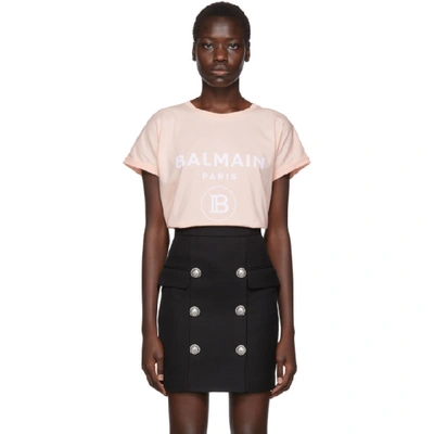 Shop Balmain Pink Flocked Logo T-shirt In Oaj Rose/wh