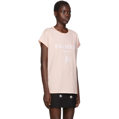 Shop Balmain Pink Flocked Logo T-shirt In Oaj Rose/wh