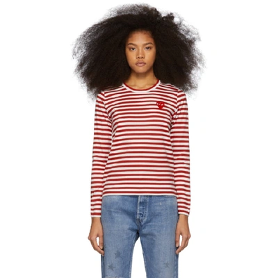 Shop Comme Des Garçons Play Comme Des Garcons Play Red And White Striped Heart Patch Long Sleeve T-shirt In White/red