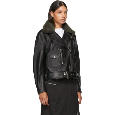 Shop Acne Studios Black Leather Shearling Biker Jacket In Blk/hntgree