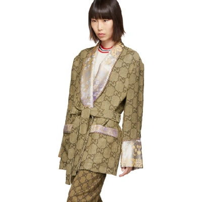 Shop Gucci Beige And Purple Silk And Linen Floral Gg Jacket In 2254 Brown