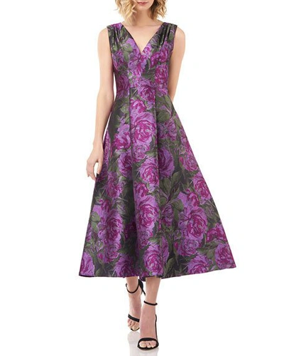 Shop Kay Unger Lena Floral Jacquard V-neck Sleeveless Midi Dress In Plum Multi