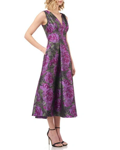 Shop Kay Unger Lena Floral Jacquard V-neck Sleeveless Midi Dress In Plum Multi