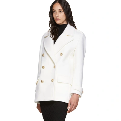 Shop Balmain White Wool Double-breasted Coat