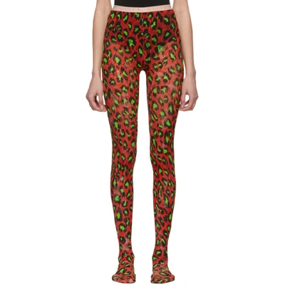 Shop Gucci Red And Green Leopard Tights In 6567 Green