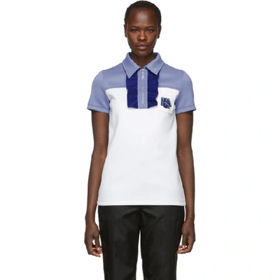 Shop Prada White & Blue Logo Zip Polo