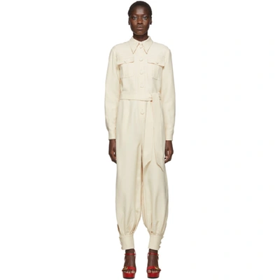 Shop Gucci Off-white Crepe Belted Jumpsuit In 9205 Garden