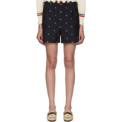 Shop Gucci Navy Strawberries Shorts In 4956 Blue