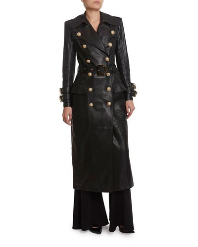 latin Forbyde Sober Balmain Belted Double-breasted Leather Trench Coat In Black | ModeSens