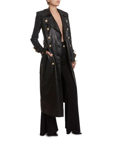 Shop Balmain Long Leather Trench Coat In Black