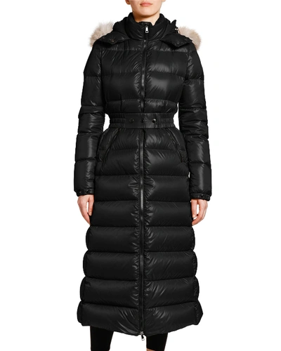 Shop Moncler Hudson Long Puffer Coat W/ Fur Hood In Black