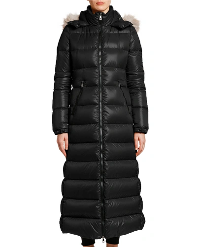 Shop Moncler Hudson Long Puffer Coat W/ Fur Hood In Black