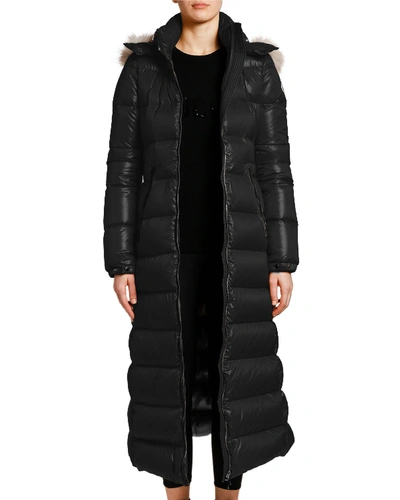 Shop Moncler Hudson Long Puffer Coat W/ Fur Hood In Black