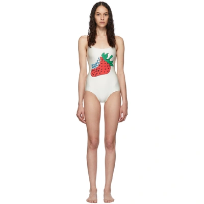 Shop Gucci Off-white Strawberry One-piece Swimsuit In 9381 Ivory