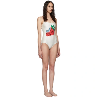 Shop Gucci Off-white Strawberry One-piece Swimsuit In 9381 Ivory