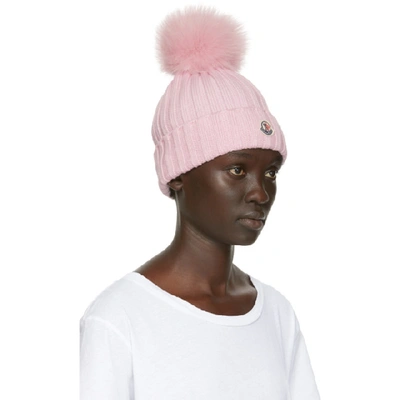 Shop Moncler Pink Fur Rib Pom Pom Beanie In 512 Pink