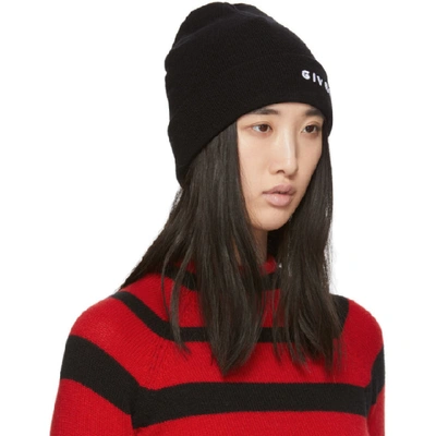 Shop Givenchy Black Embroidered Logo Beanie In 004 Black
