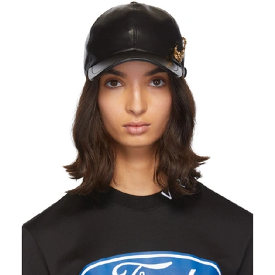 Shop Versace Black Leather Safety Pin Baseball Cap In I008 Black