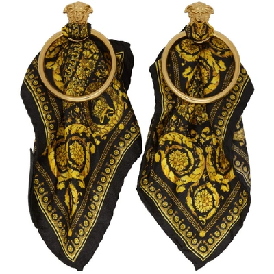 Shop Versace Black And Gold Barocco Scarf Medusa Hoop Earrings In K41t Black