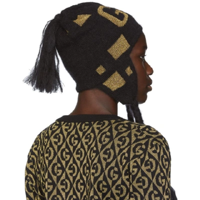 Shop Gucci Black & Gold Knit Gg Pompom Beanie In 1075 Blk/ye