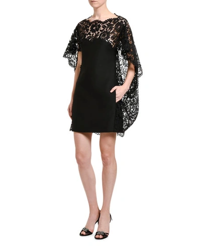 Shop Valentino Lace-cape Shift Dress In Black
